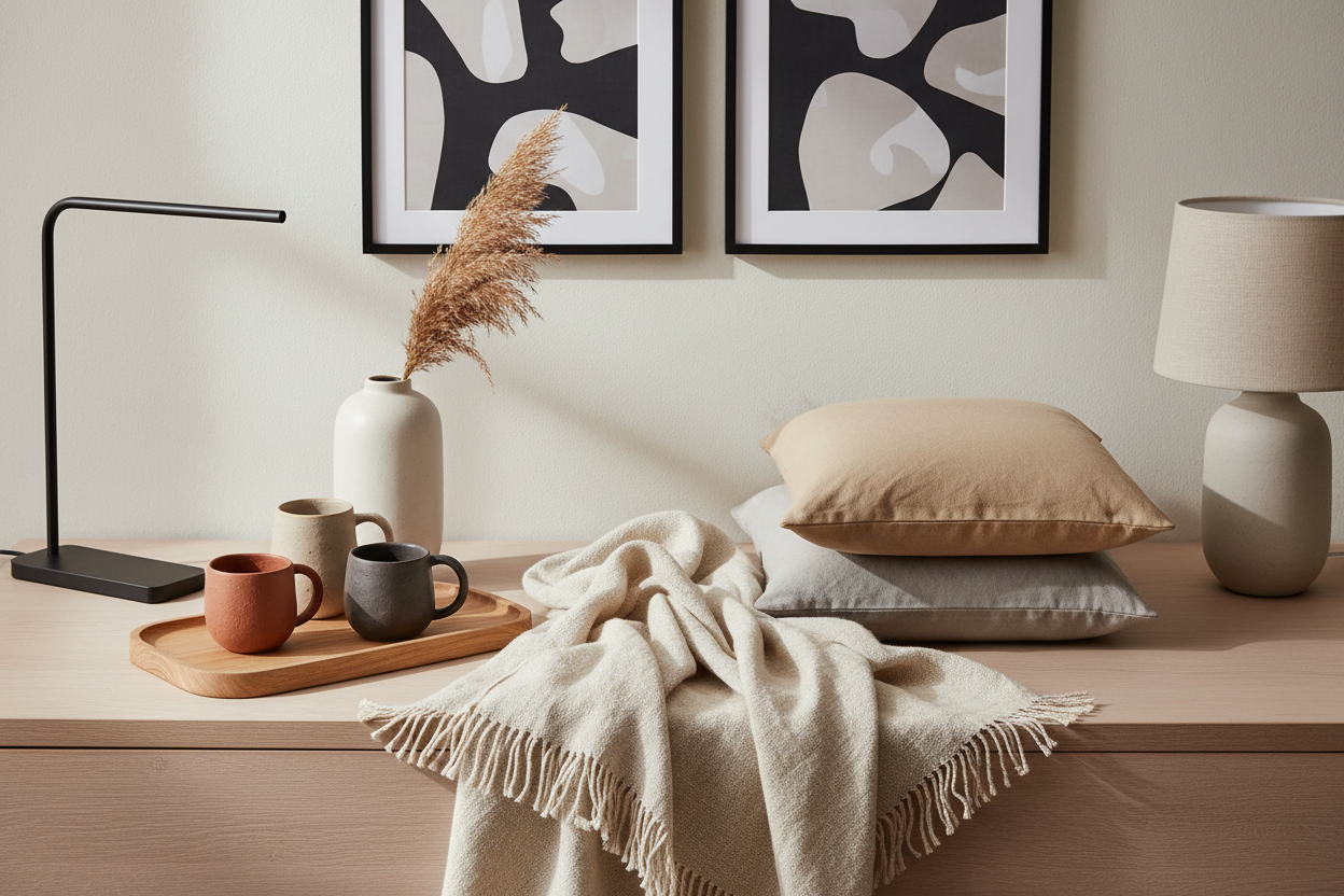 Collections and starter products

Textiles: Linen throw, cotton cushion covers.
Tabletop: Stoneware mugs, oak trays.
Decor: Neutral ceramic vase, framed abstract prints.
Lighting: Matte metal desk lamp, linen shade table lamp.
Bundles: Coffee table set (tray + vase), Sofa set (throw + 2 cushions).